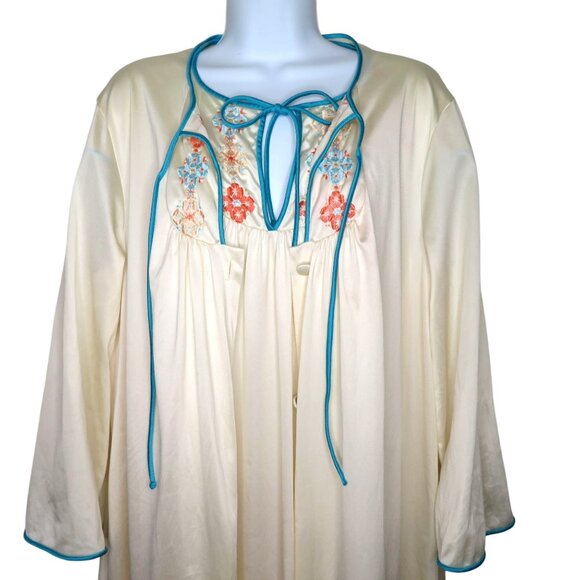 Vintage 70s Peignoir Set Full Length Nylon Nightgown Robe L Embroidery Blue Trim - Picture 1 of 16